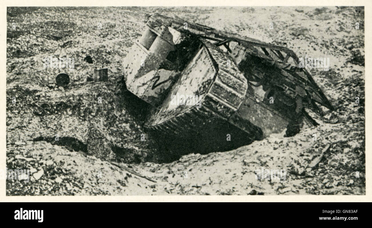Mark I Tank Ditched, 1916 battlefield photograph of a tank stuck in a shell hole in the Battle of the Somme where they first saw active service Stock Photo