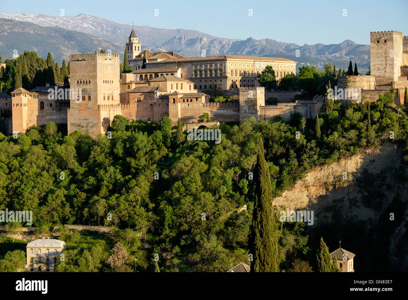 The Alhambra Palace, Granada, Spain with the Sierra Nevada mountains in the background Stock Photo