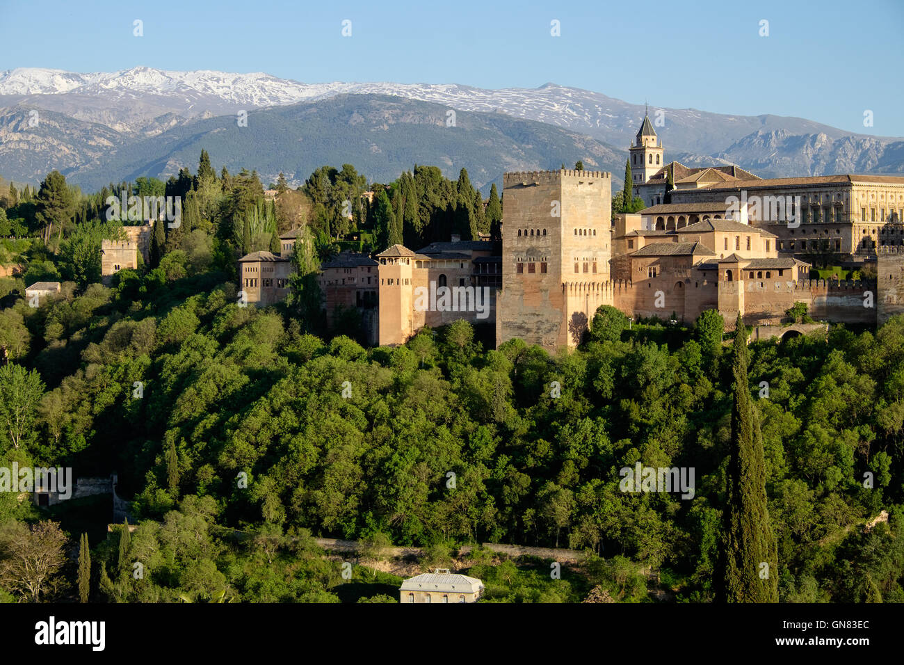 The Alhambra Palace, Granada, Spain with the Sierra Nevada mountains in the background Stock Photo