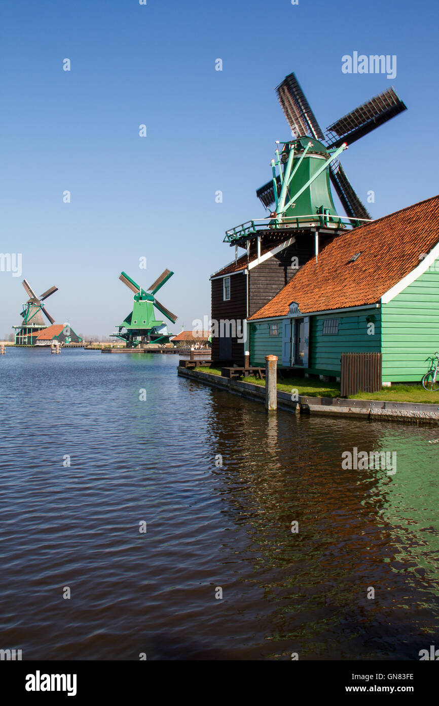 Windmills at the Zaanse Schans, Zaandam, near Amsterdam, Holland Stock Photo