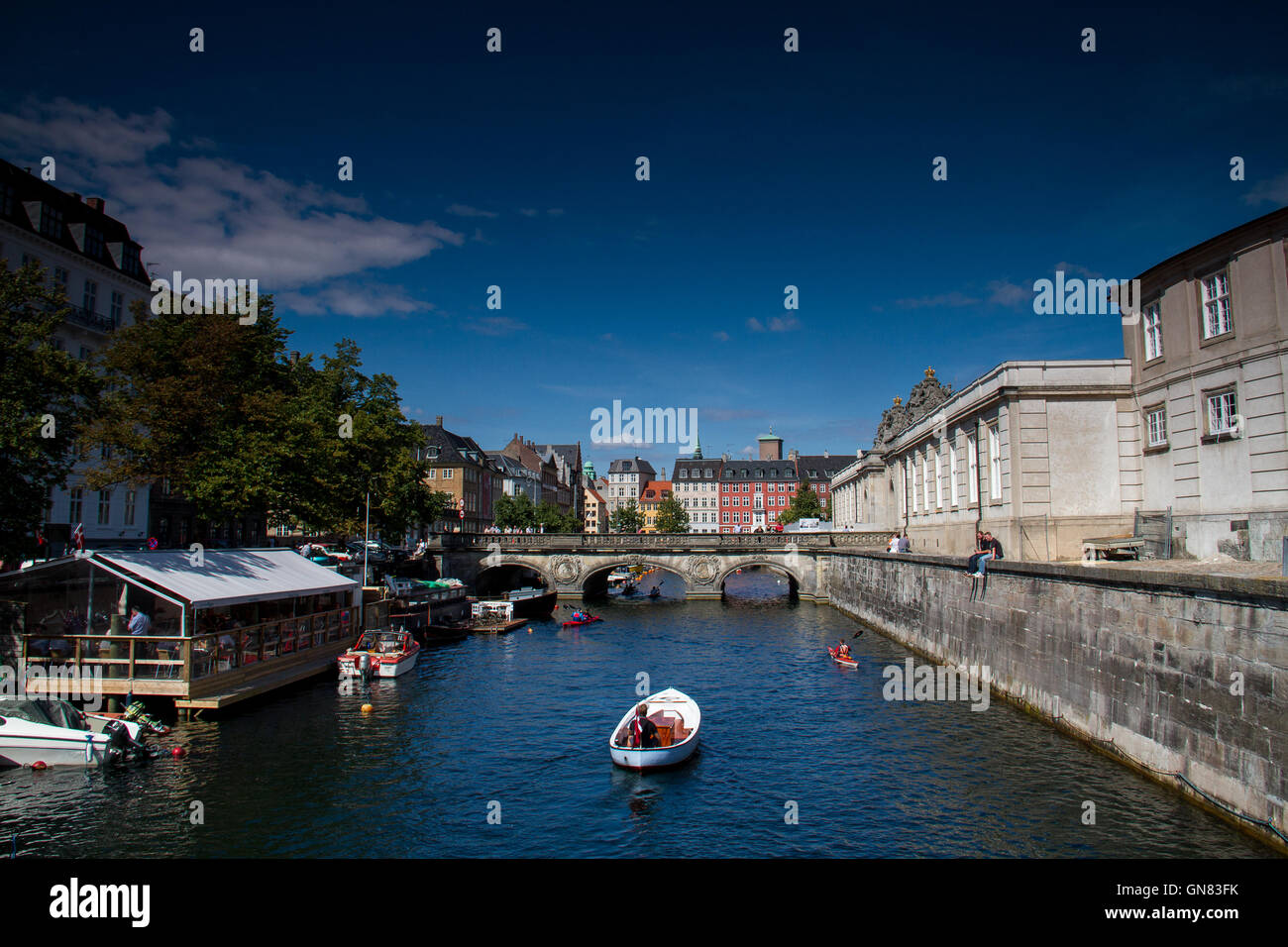 Boat on the Frederiksholms canal, in Copenhagen, Denmark Stock Photo