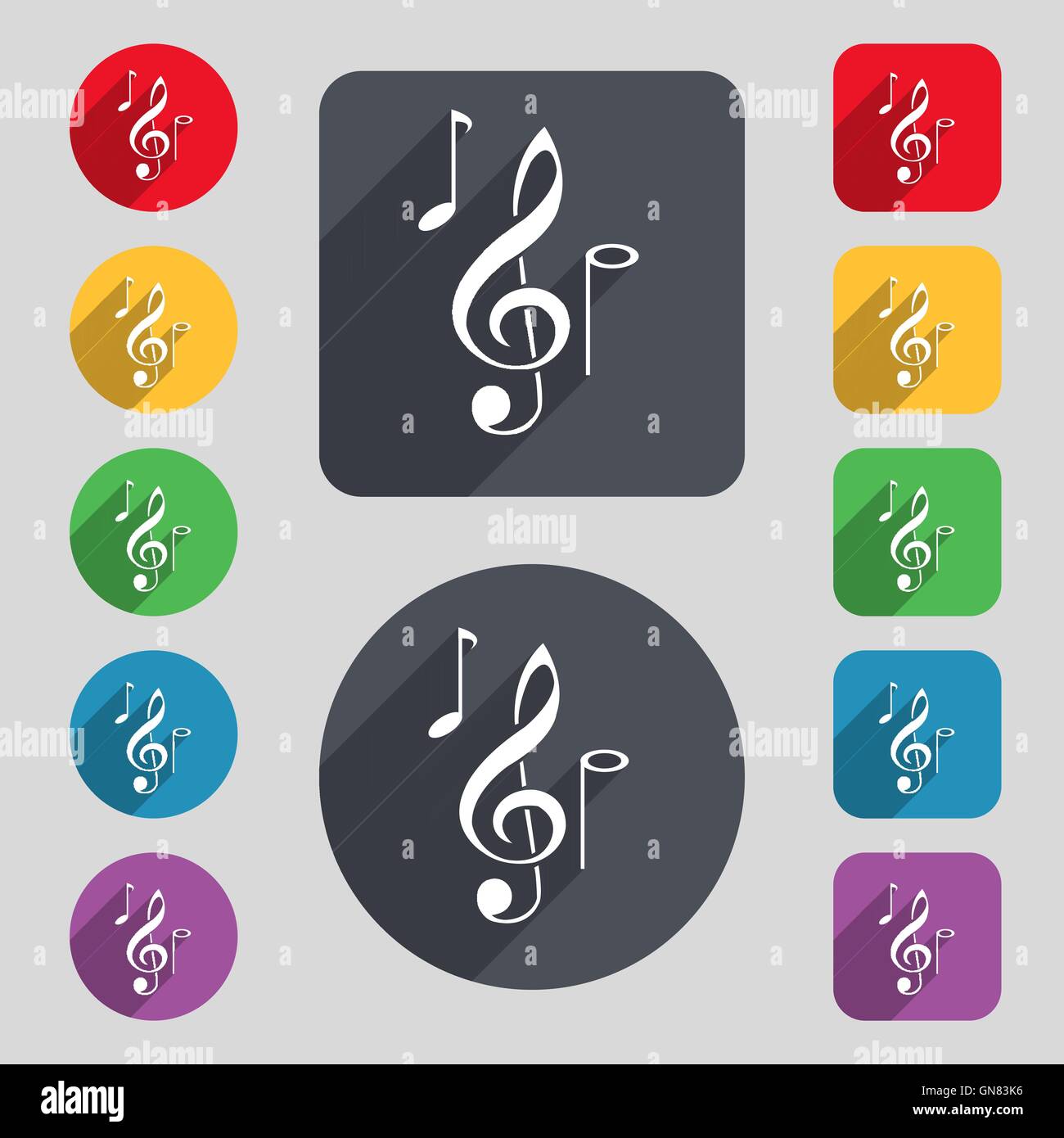 musical notes icon sign. A set of 12 colored buttons and a long shadow ...