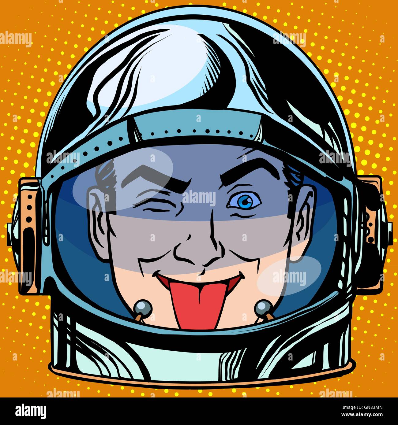 emoticon tongue Emoji face man astronaut retro Stock Vector