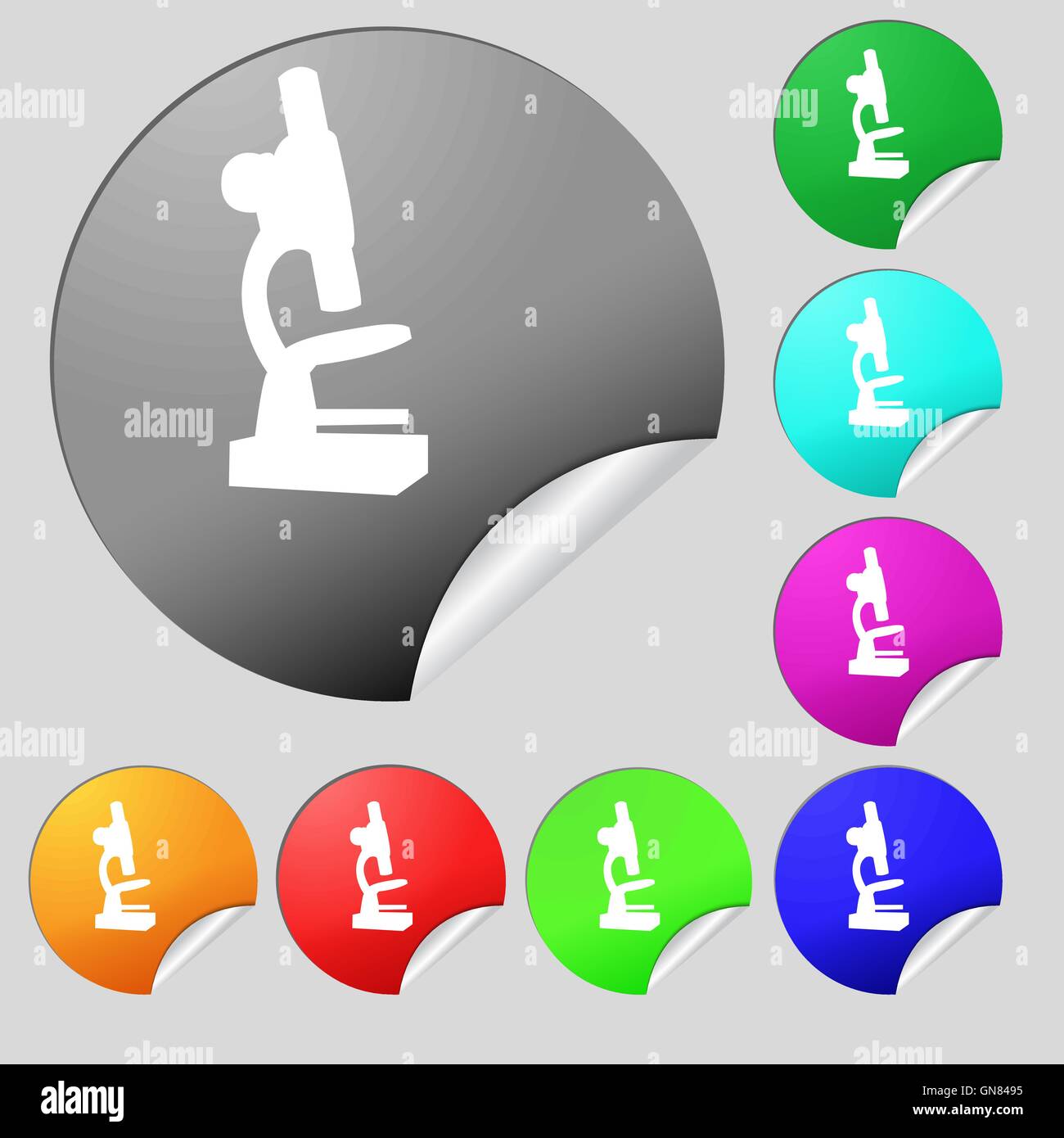 Microscope icon sign. Set of eight multi colored round buttons ...