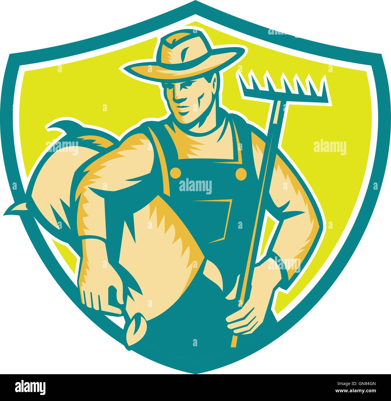 Organic Farmer Rake Sack Shield Woodcut Stock Vector Image & Art - Alamy