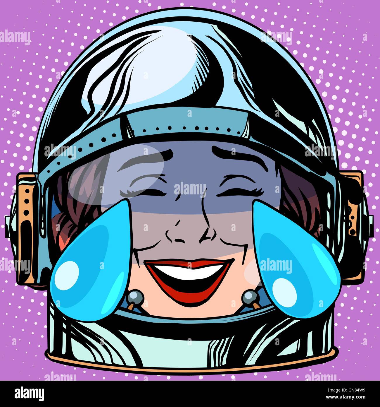 emoticon tears of joy Emoji face woman astronaut retro Stock Vector
