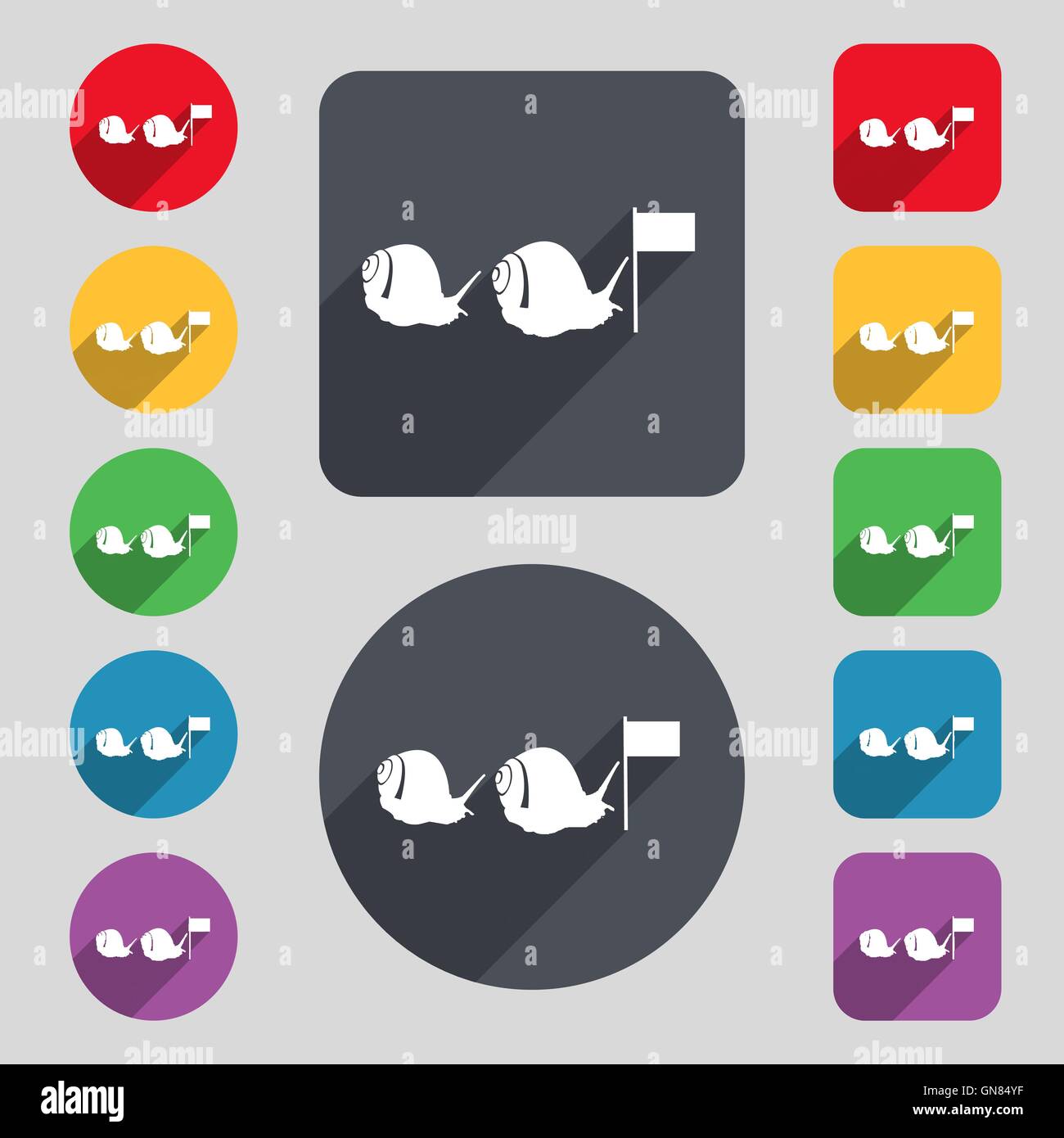Fast snail icon sign. A set of 12 colored buttons and a long shadow ...