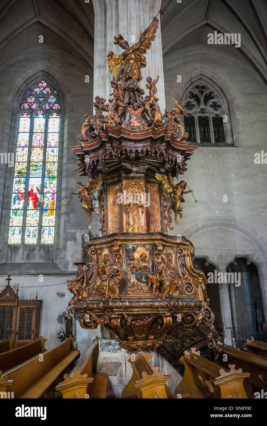 Pulpit in St. Michael's Church in Cluj-Napoca city in Romania Stock Photo