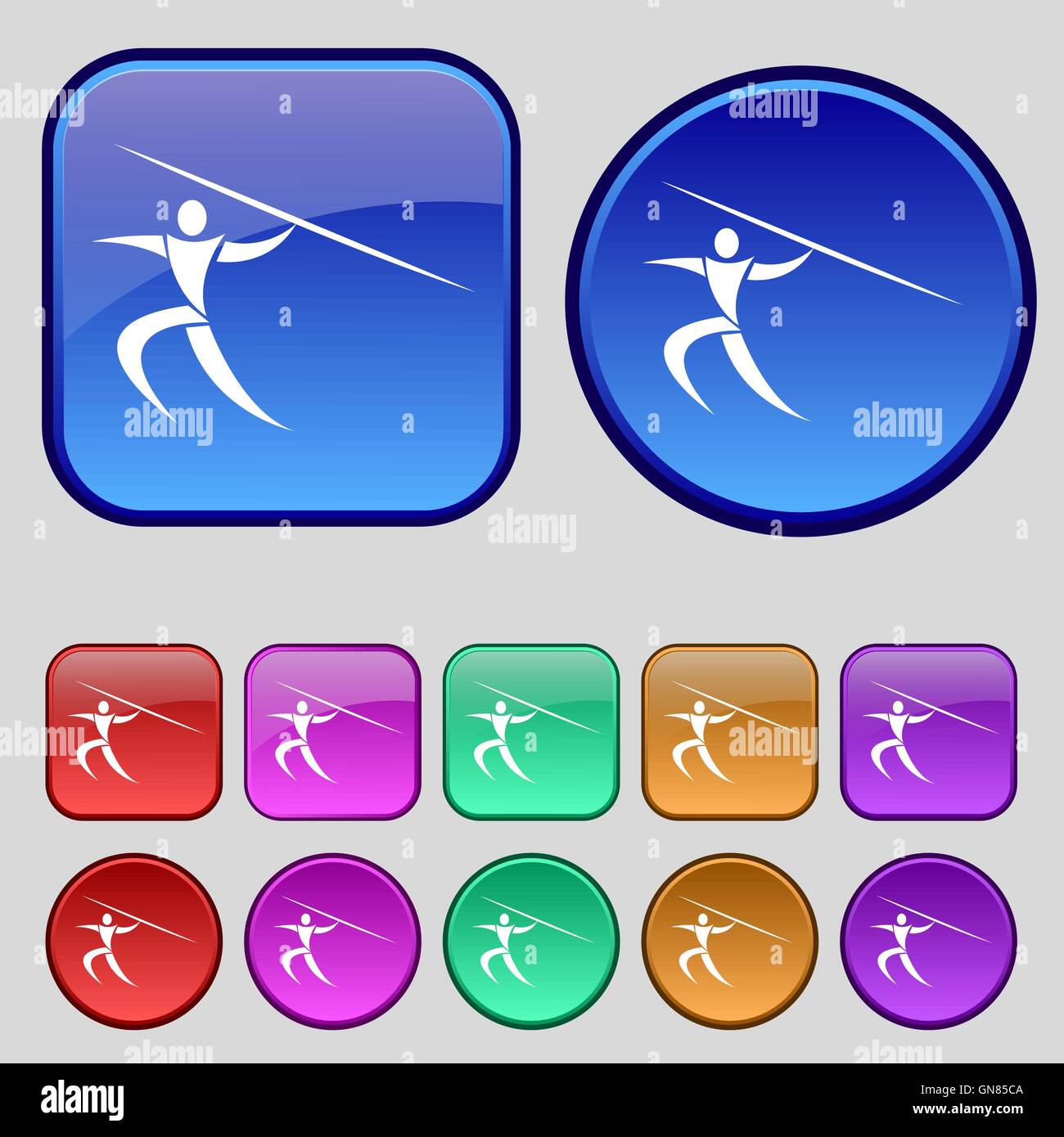 Summer sports, Javelin throw icon sign. A set of twelve vintage buttons ...