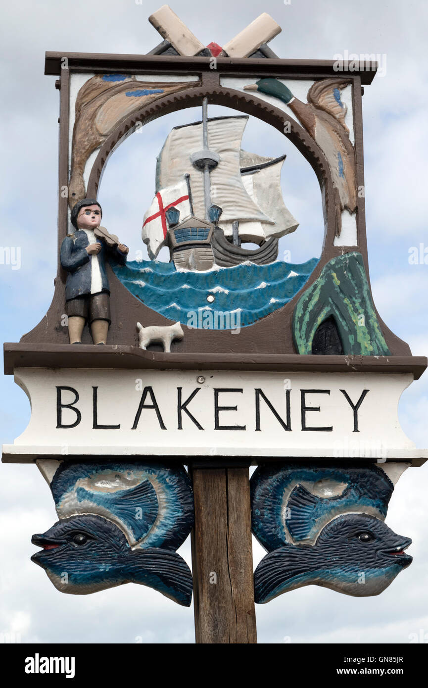 Blakeney village sign on Norfolk's northern coastline Stock Photo - Alamy