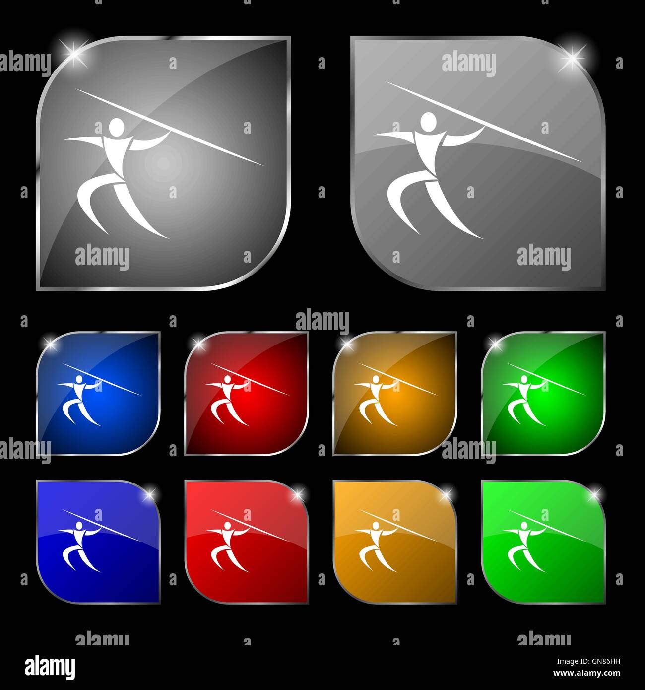 Summer sports, Javelin throw icon sign. Set of ten colorful buttons ...