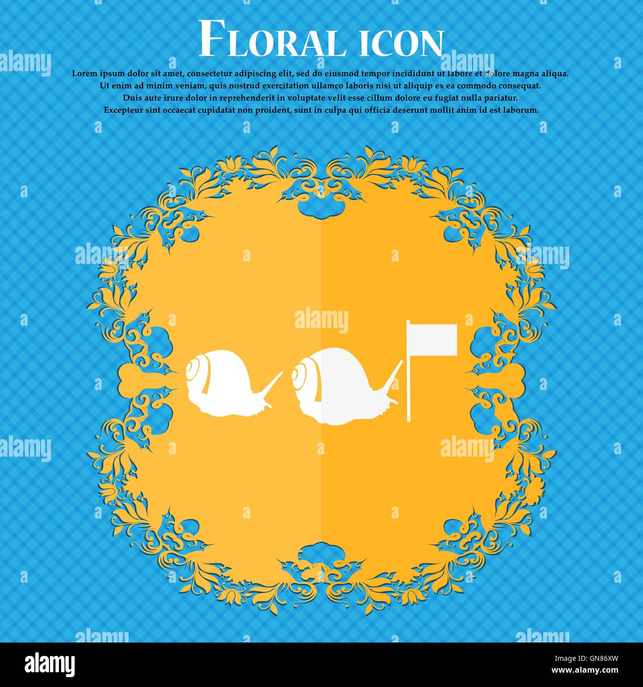 Fast snail icon. Floral flat design on a blue abstract background with ...