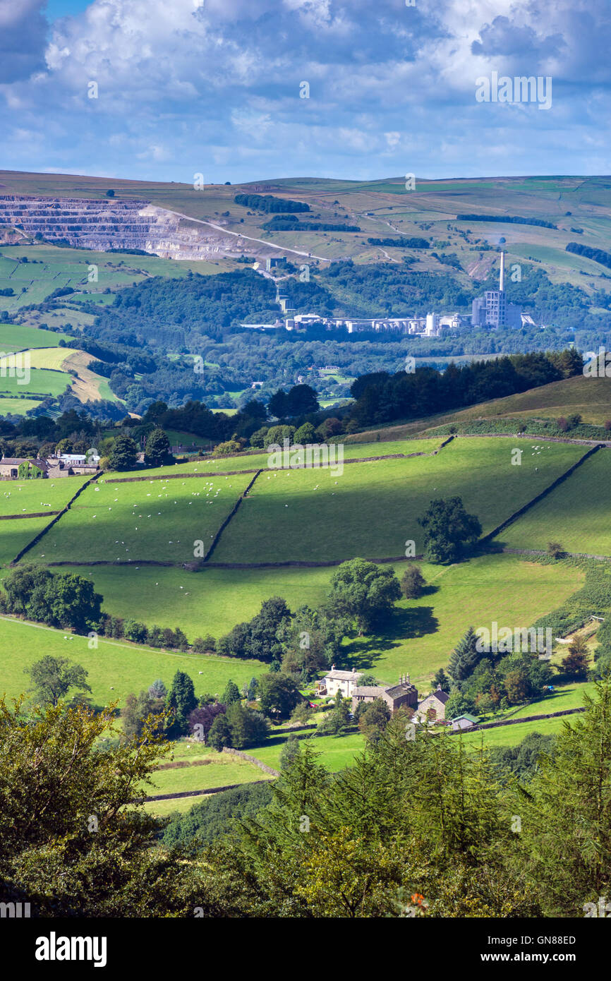 View of Hope Valley cement works and quarries from Stanage Edge, Peak District, Derbyshire Stock