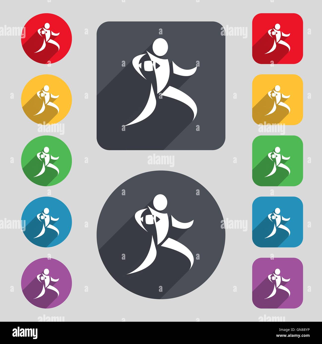 Rugby player running with ball icon sign. A set of 12 colored buttons ...