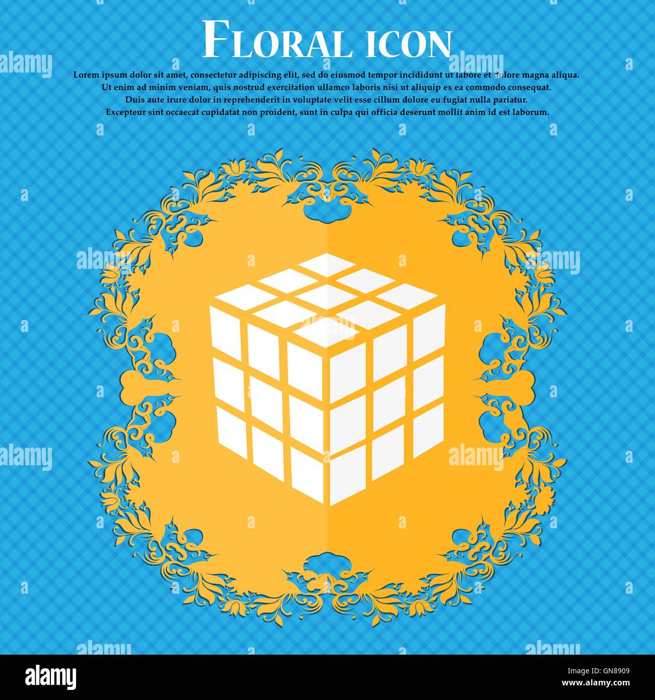 A three sided cube puzzle box in 3D icon. Floral flat design on a blue