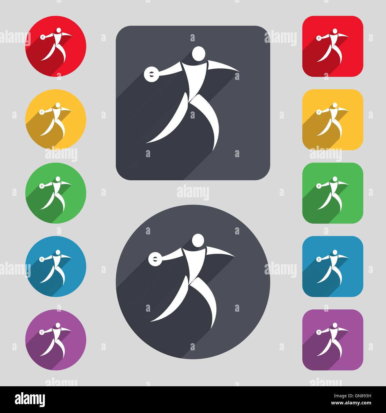 Discus thrower icon sign. A set of 12 colored buttons and a long shadow. Flat design. Vector Stock Vector