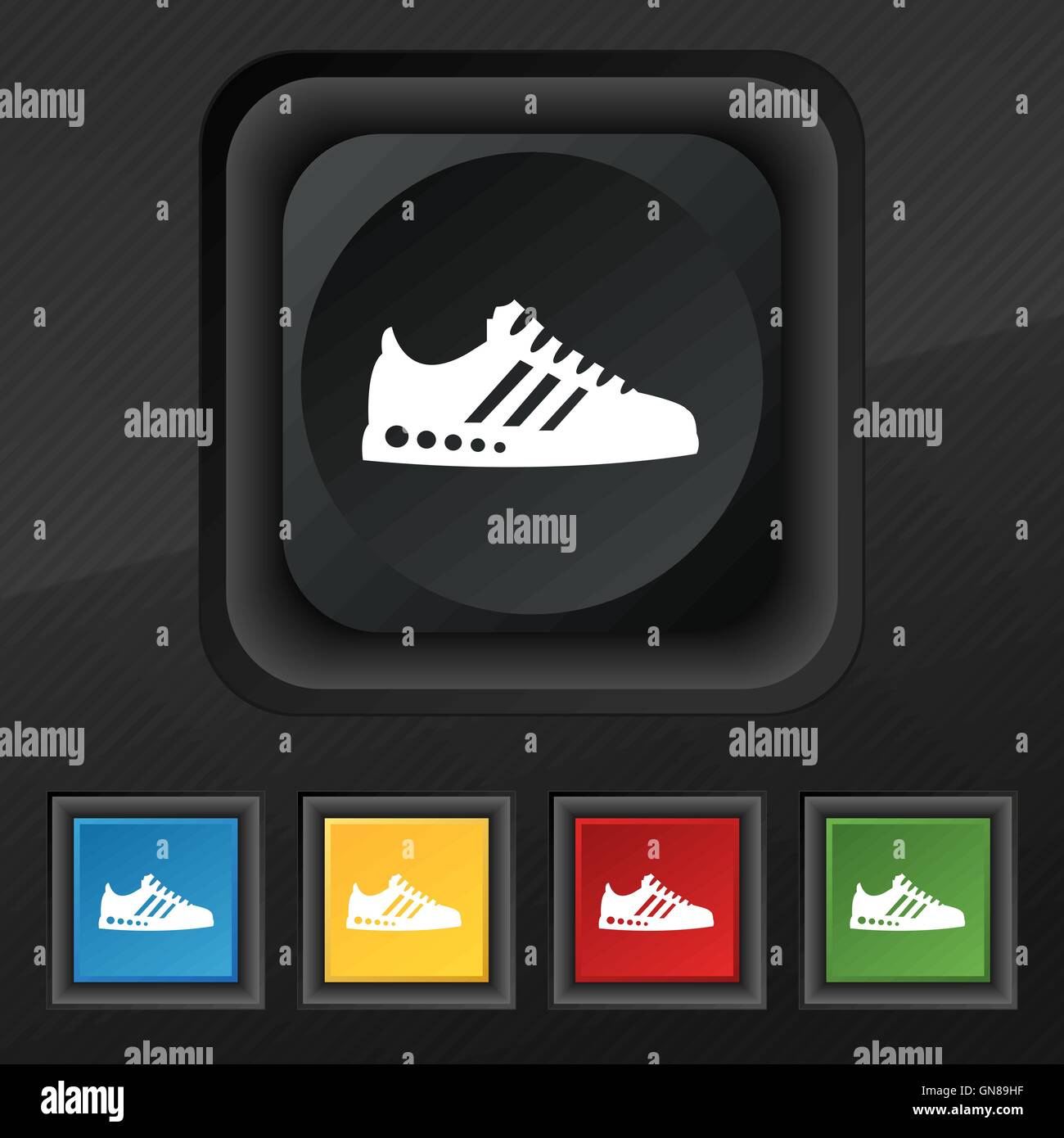 Sneakers icon symbol. Set of five colorful, stylish buttons on black