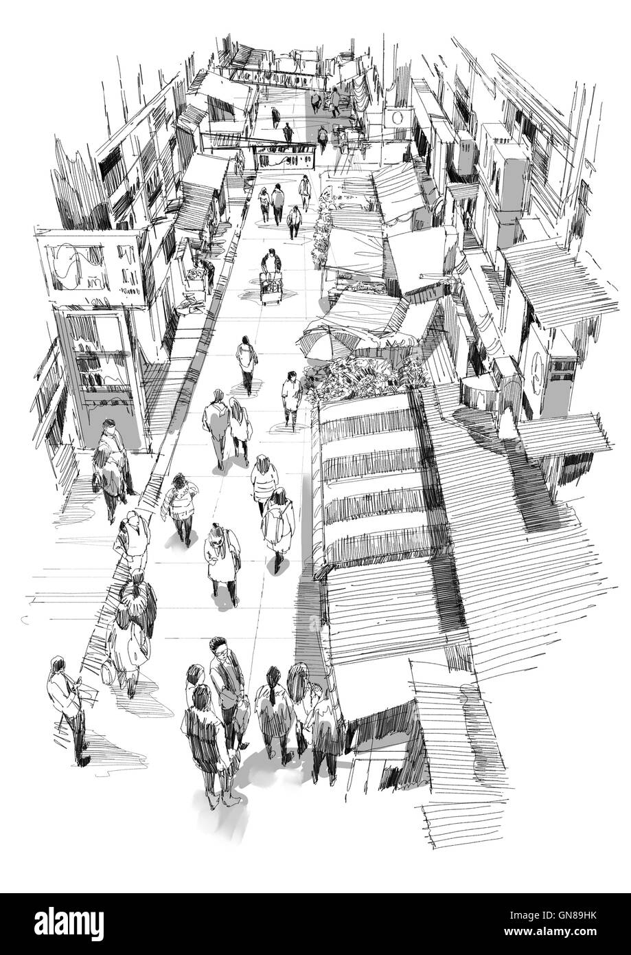 hand drawn sketch of people walking in market street,Illustration,drawing Stock Photo