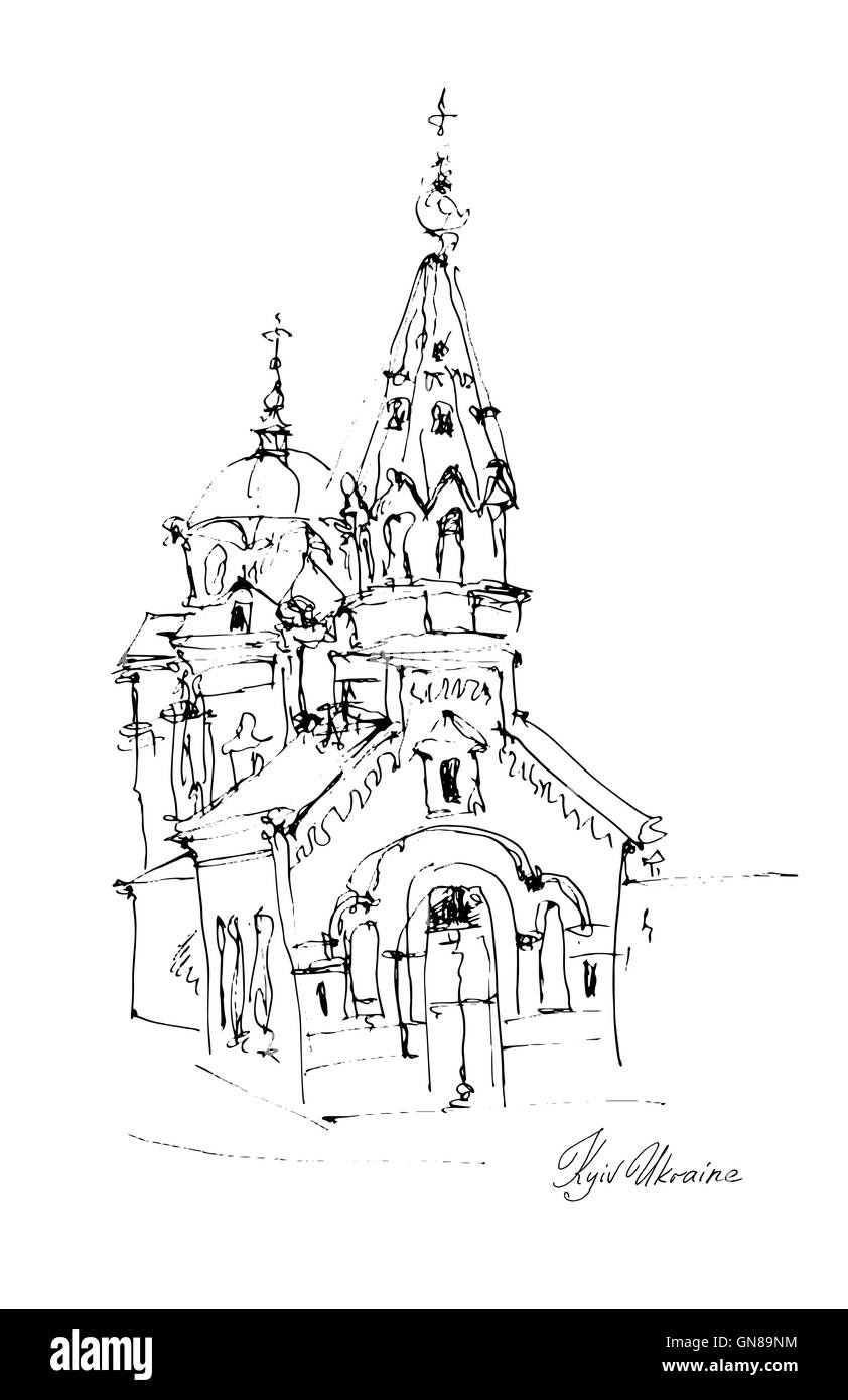 black and white freehand sketch drawing of Church in Podol Kyiv Stock ...
