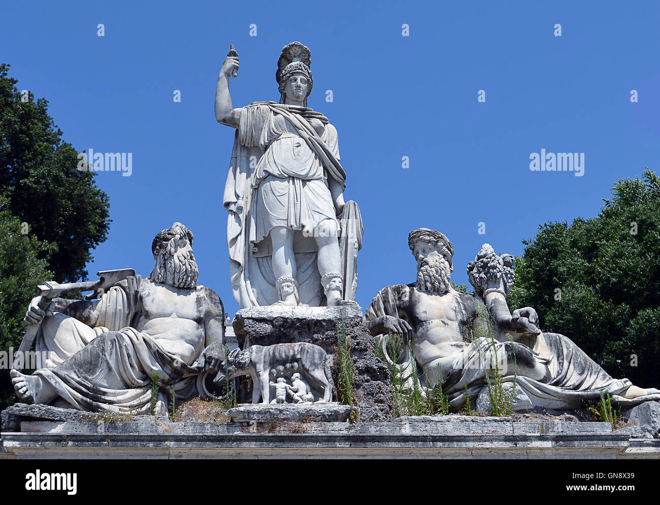 Fontana della Dea Roma tra il Tevere e l'Aniene (Fountain of the Goddess Roma between the Tiber and the Aniene) is a sculpture b Stock Photo
