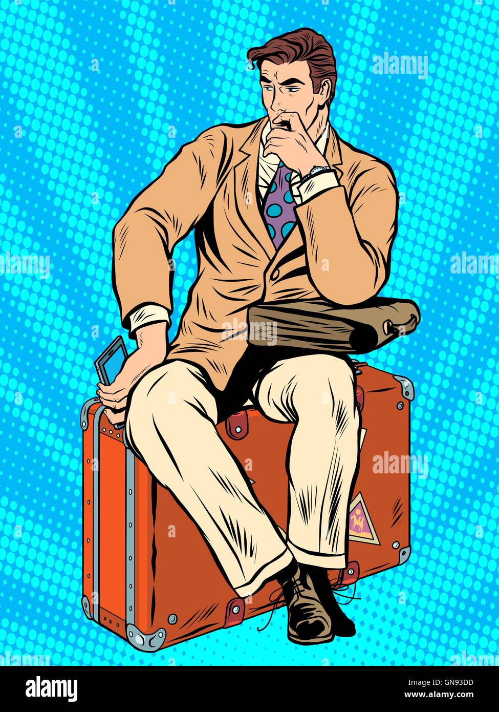 Man traveler sitting on a suitcase Stock Vector Image & Art - Alamy