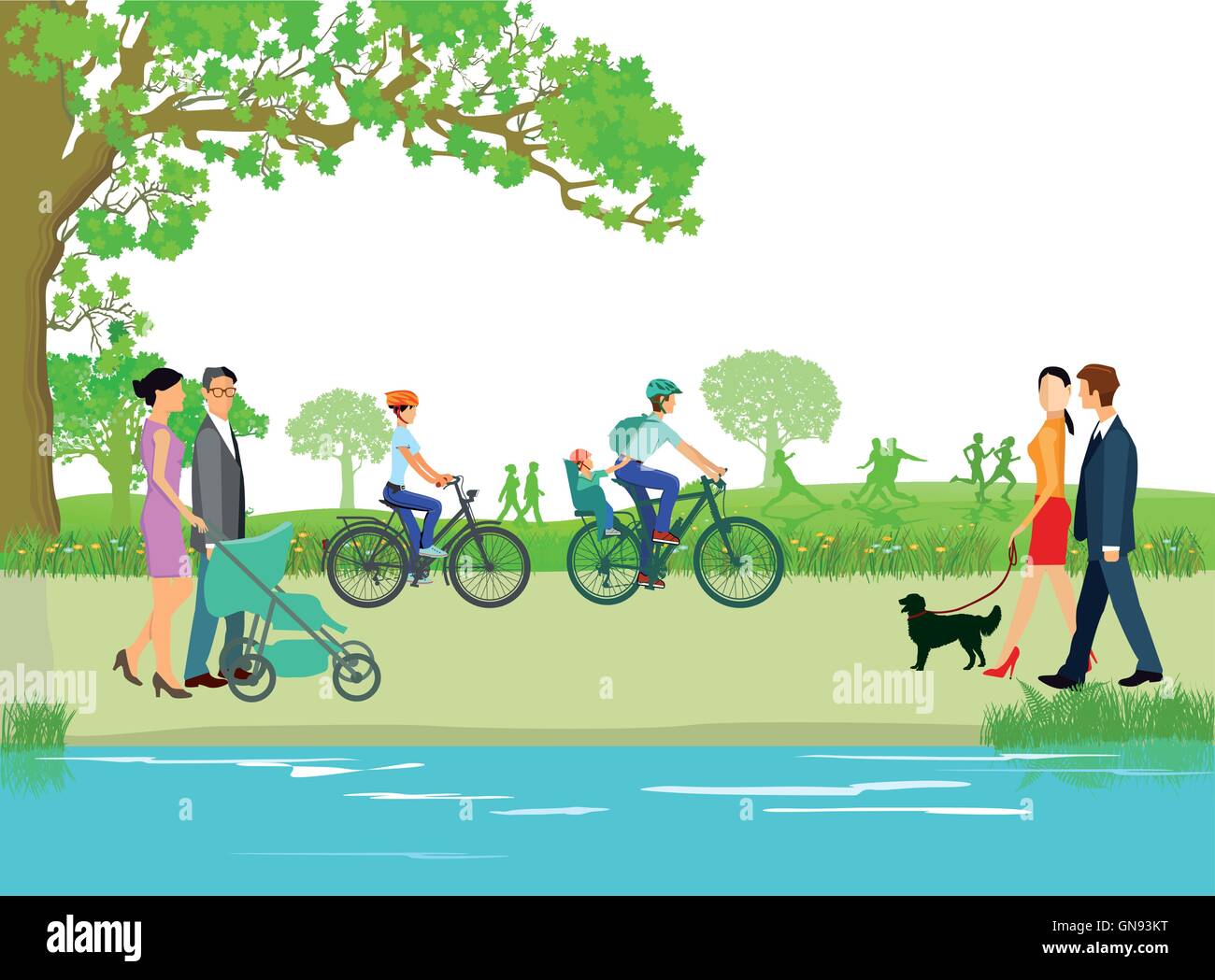Walkers and families in the park Stock Vector