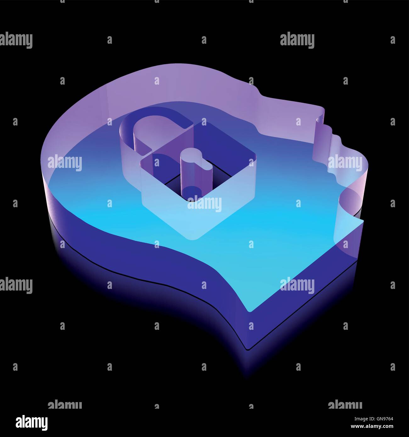 Business icon: 3d neon glowing Head With Padlock made of glass, vector ...