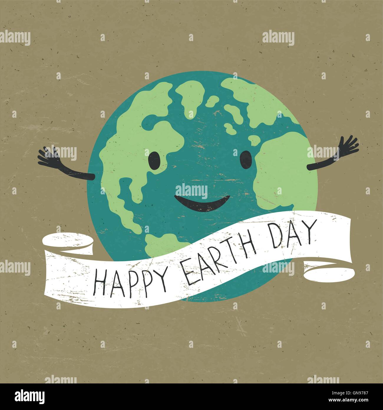 Cartoon Earth with ribbon and text. Planet smile. 'Happy Earth D Stock Vector