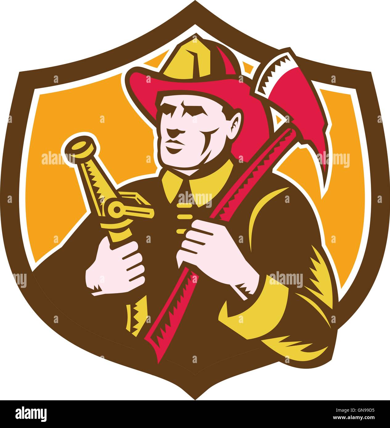 Fireman Firefighter Axe Hose Crest Woodcut Stock Vector Image & Art - Alamy
