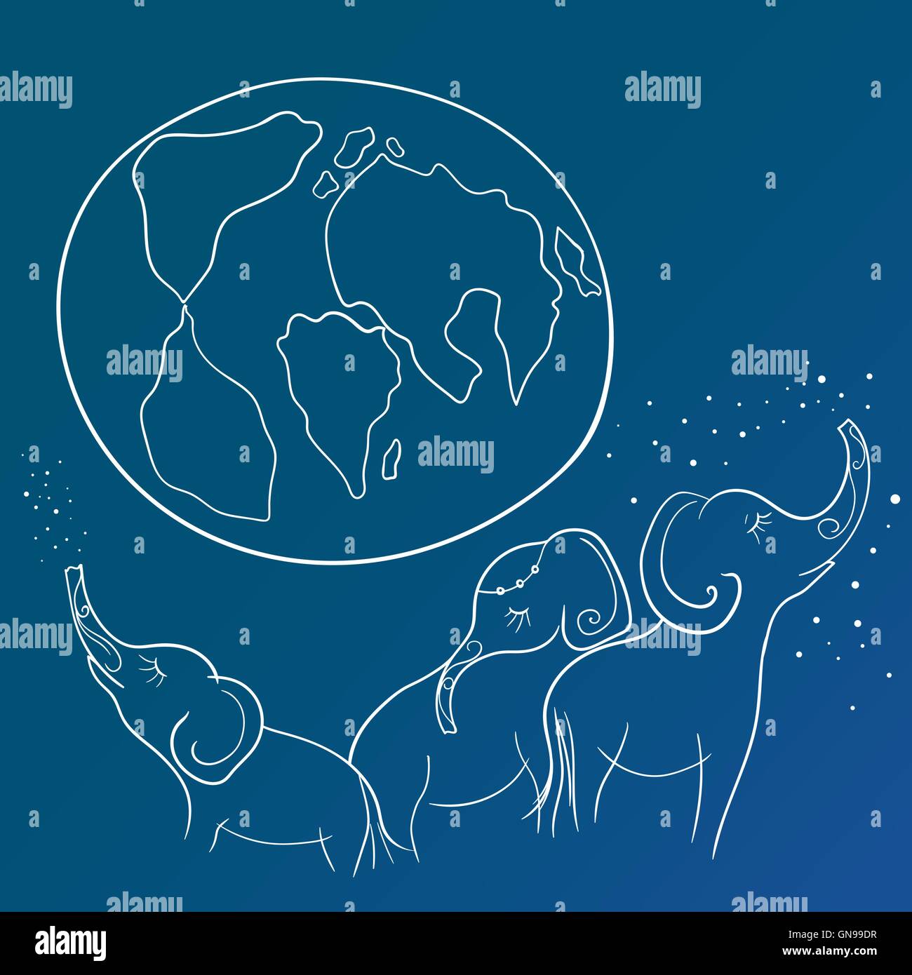 Vector Sketch with Elephant Family and the Earth Stock Vector