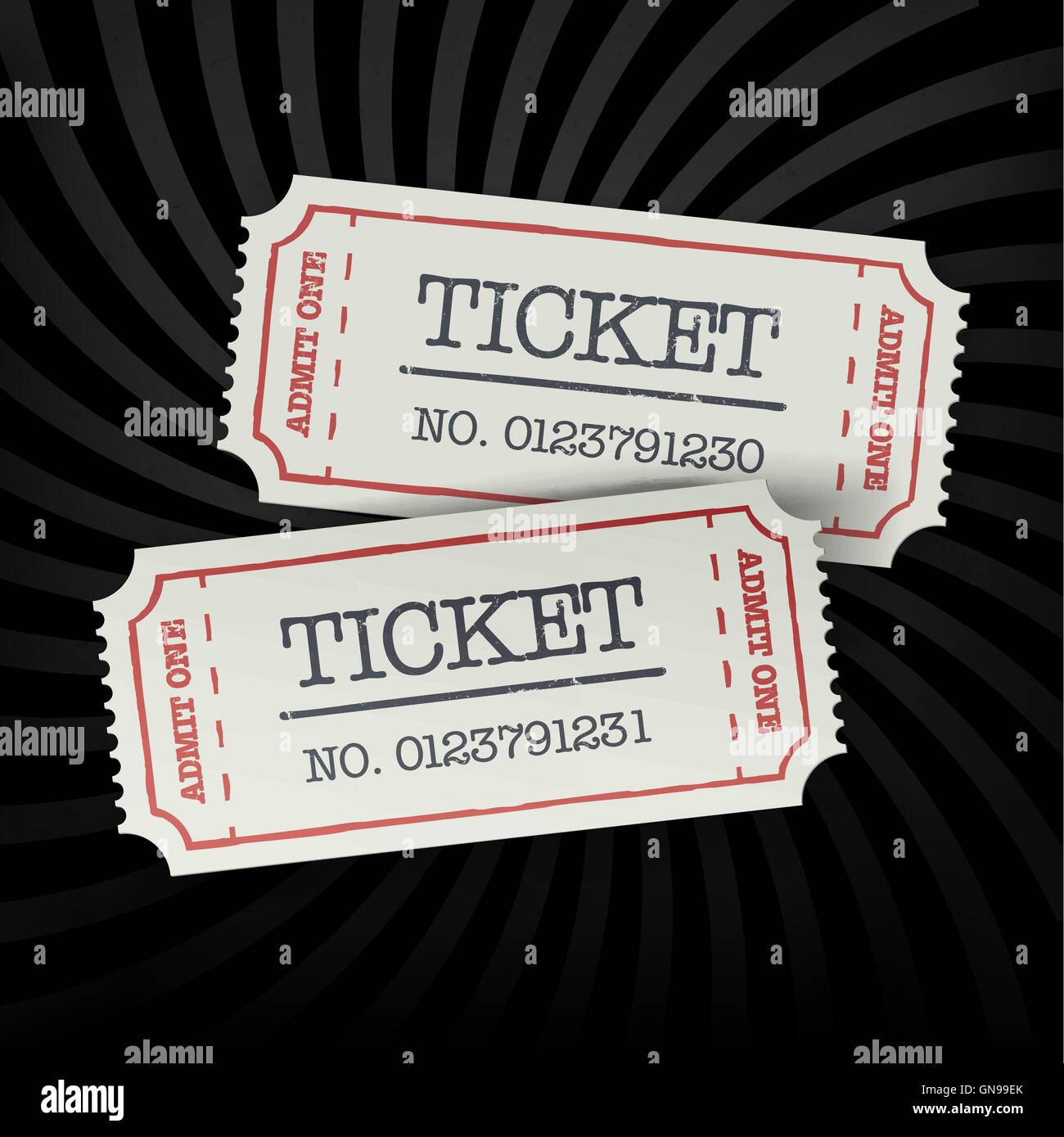 Two old-fashioned cinema tickets on dark sunburst monochrome bac Stock Vector