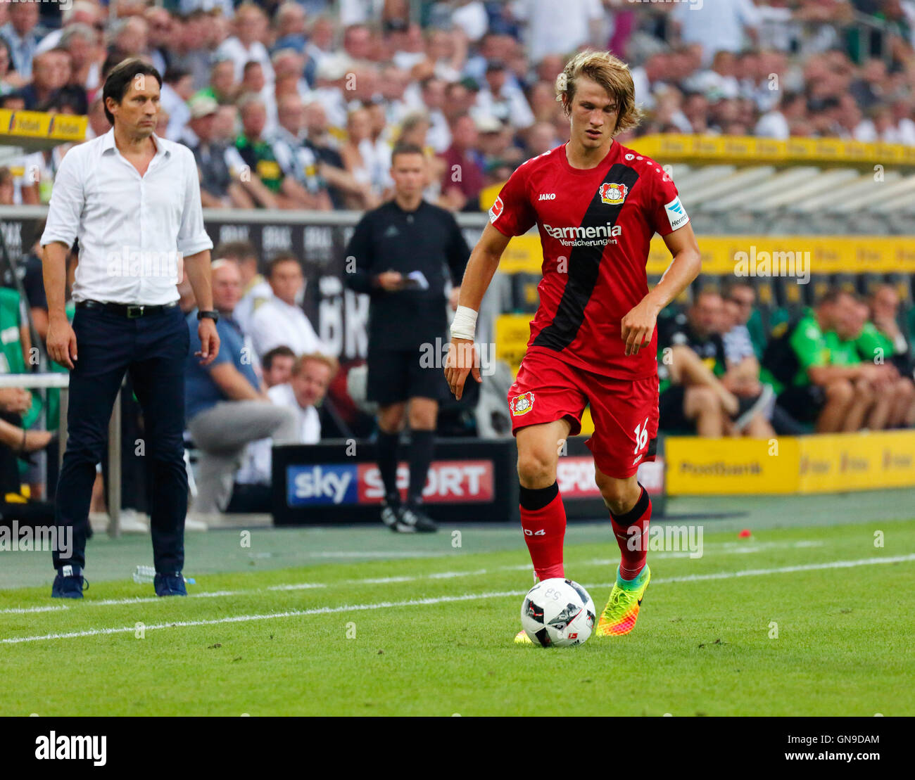 sports, football, Bundesliga, 2016/2017, Borussia Moenchengladbach versus Bayer 04 Leverkusen 2:1, Stadium Borussia Park, scene of the match, Tin Jedvaj (Bayer) in ball possession, left coach Roger Schmidt (Bayer) Stock Photo