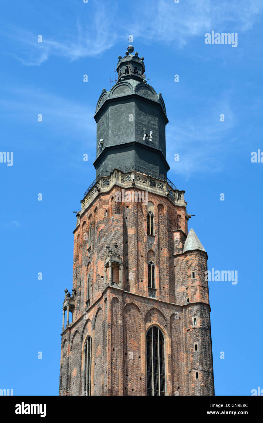 Tower of the St. Elizabeth's Church in the Market Square the historical Old Town of Wroclaw in Poland. Stock Photo