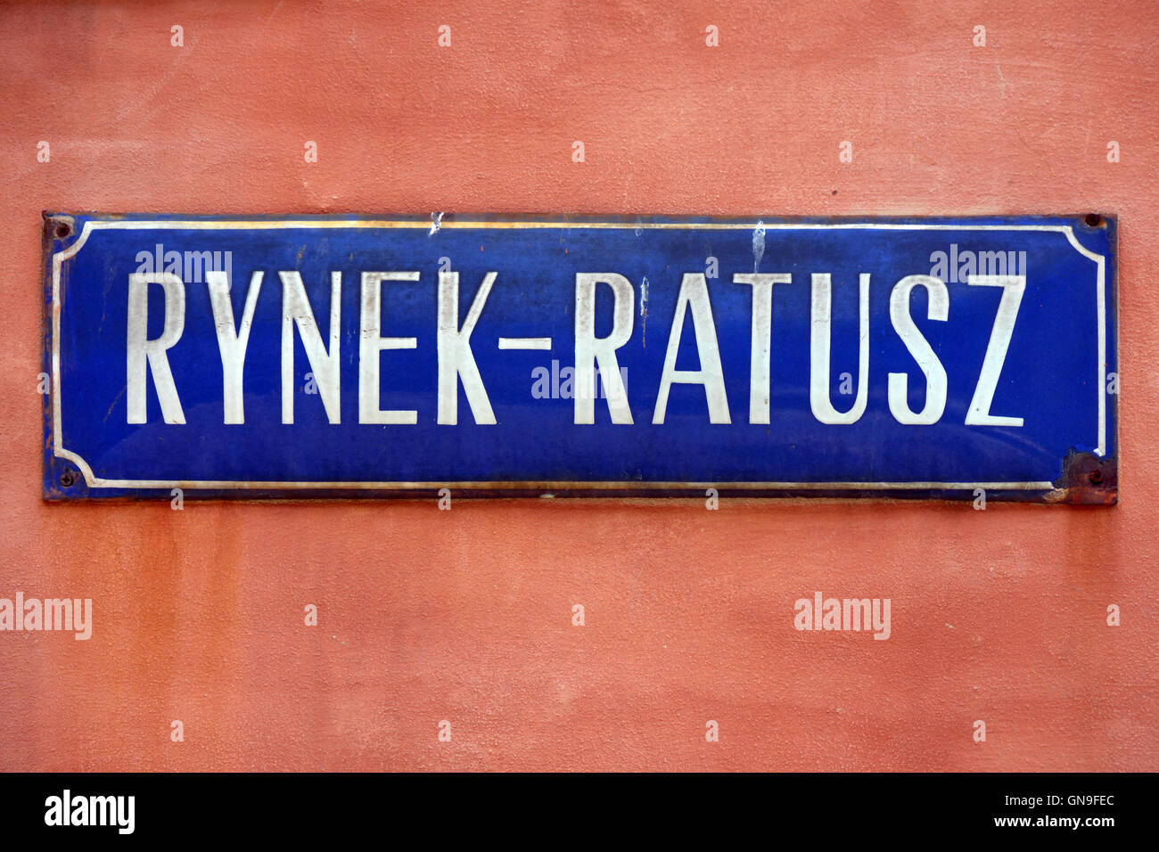 Street sign of Rynek Ratusz on Market Square in the Old Town of Wroclaw in Poland. Stock Photo