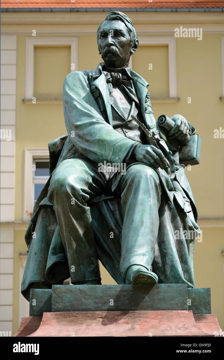 Statue of the Polish poet Aleksander Fredro in the Market Square in front of the Town Hall of Wroclaw in Poland. Stock Photo