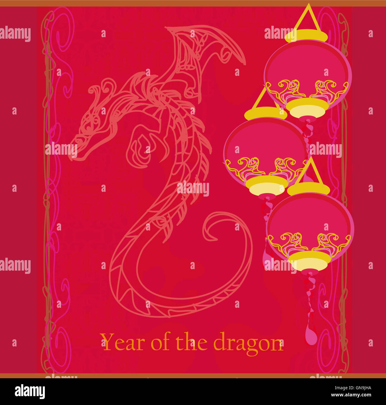 Vector card of year of the dragon and lanterns Stock Photo - Alamy