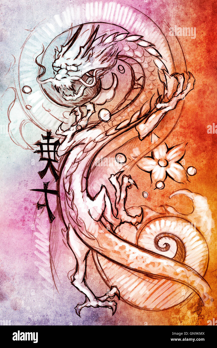 Tattoo art, sketch of a japanese dragon over colorful paper Stock Photo