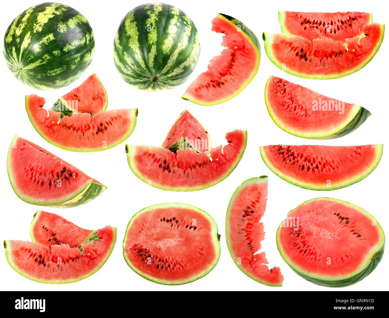 Set of fresh slices and full a ripe watermelons Stock Photo - Alamy