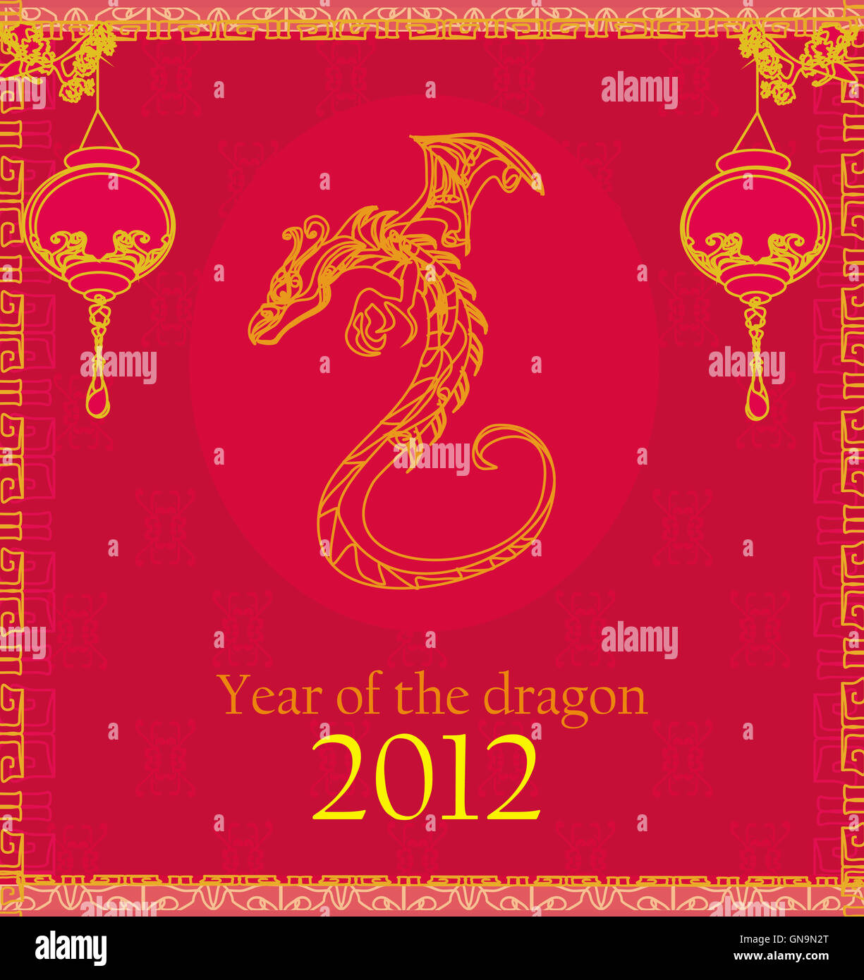 Vector card of year of the dragon and lanterns Stock Photo - Alamy