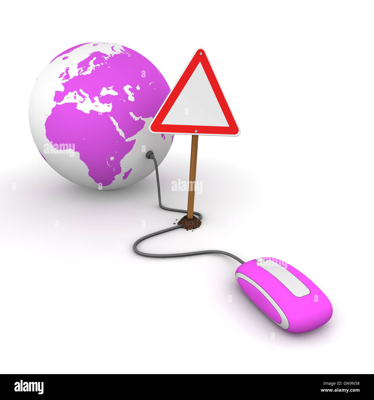 Surfing the Web in Purple - Blocked by a Triangular Warning Sign Stock Photo