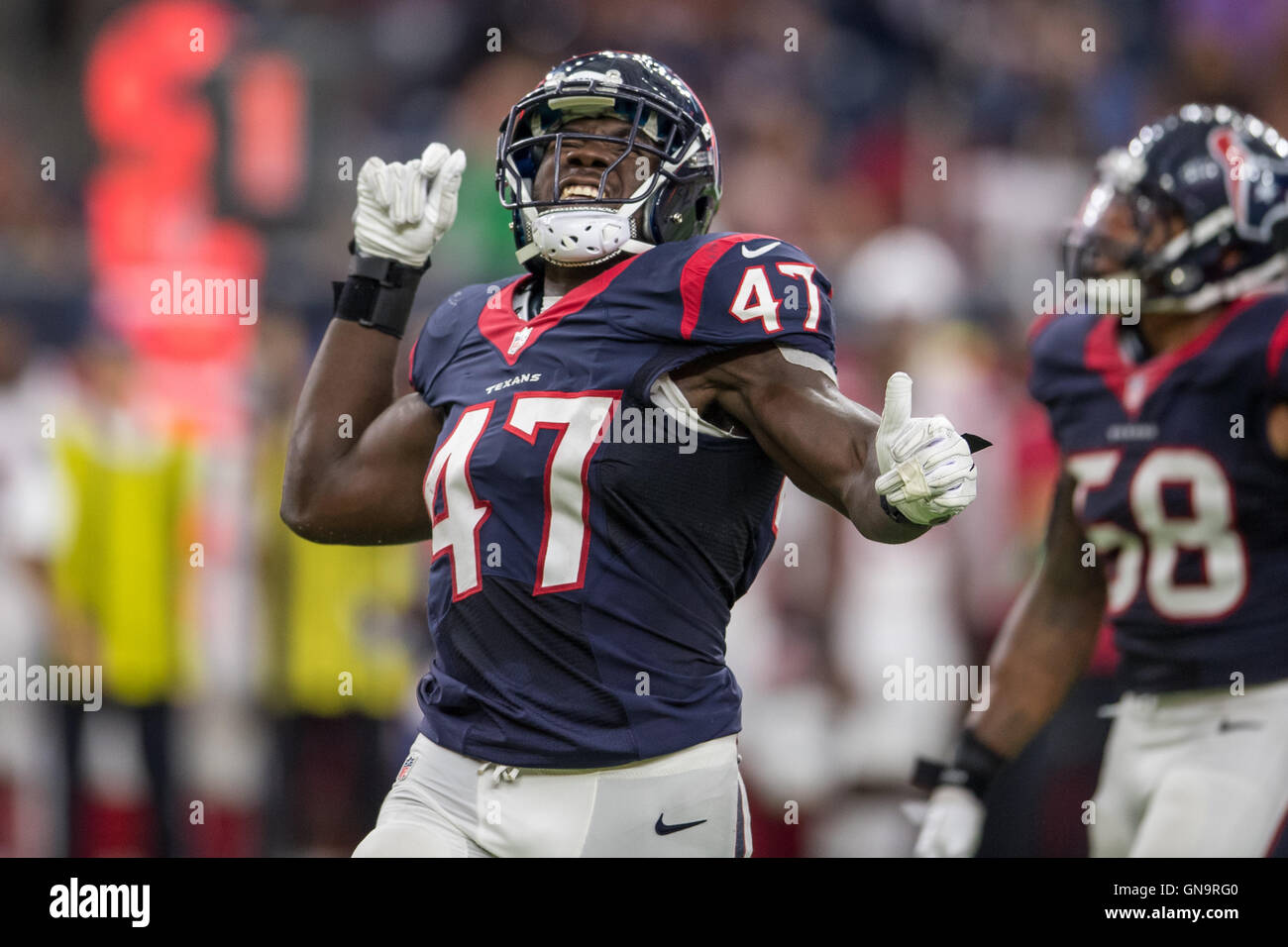 Houston, Texas, USA. 28th Aug, 2016. Houston Texans linebacker Eric Lee (47) celebrates after
