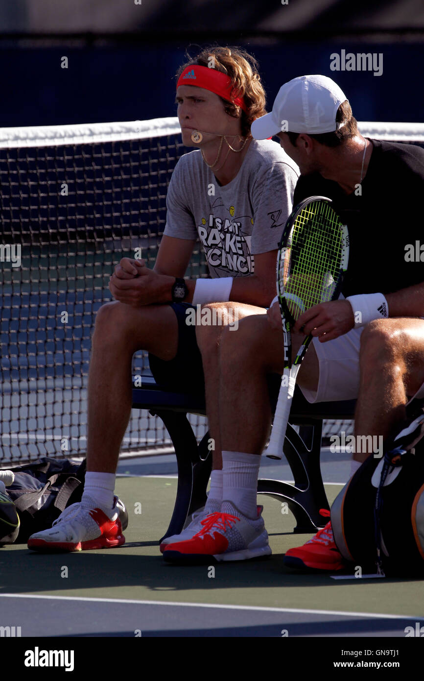 New York, United States. 28th Aug, 2016. 19 year old Alexander Zverev of Germany during a practice session Sunday, August 28th, at the National Tennis Center in Flushing Meadows, New York. He was practicing for the U.S. Open Tennis Championships which begin on Monday, August 29th. Credit:  Adam Stoltman/Alamy Live News Stock Photo