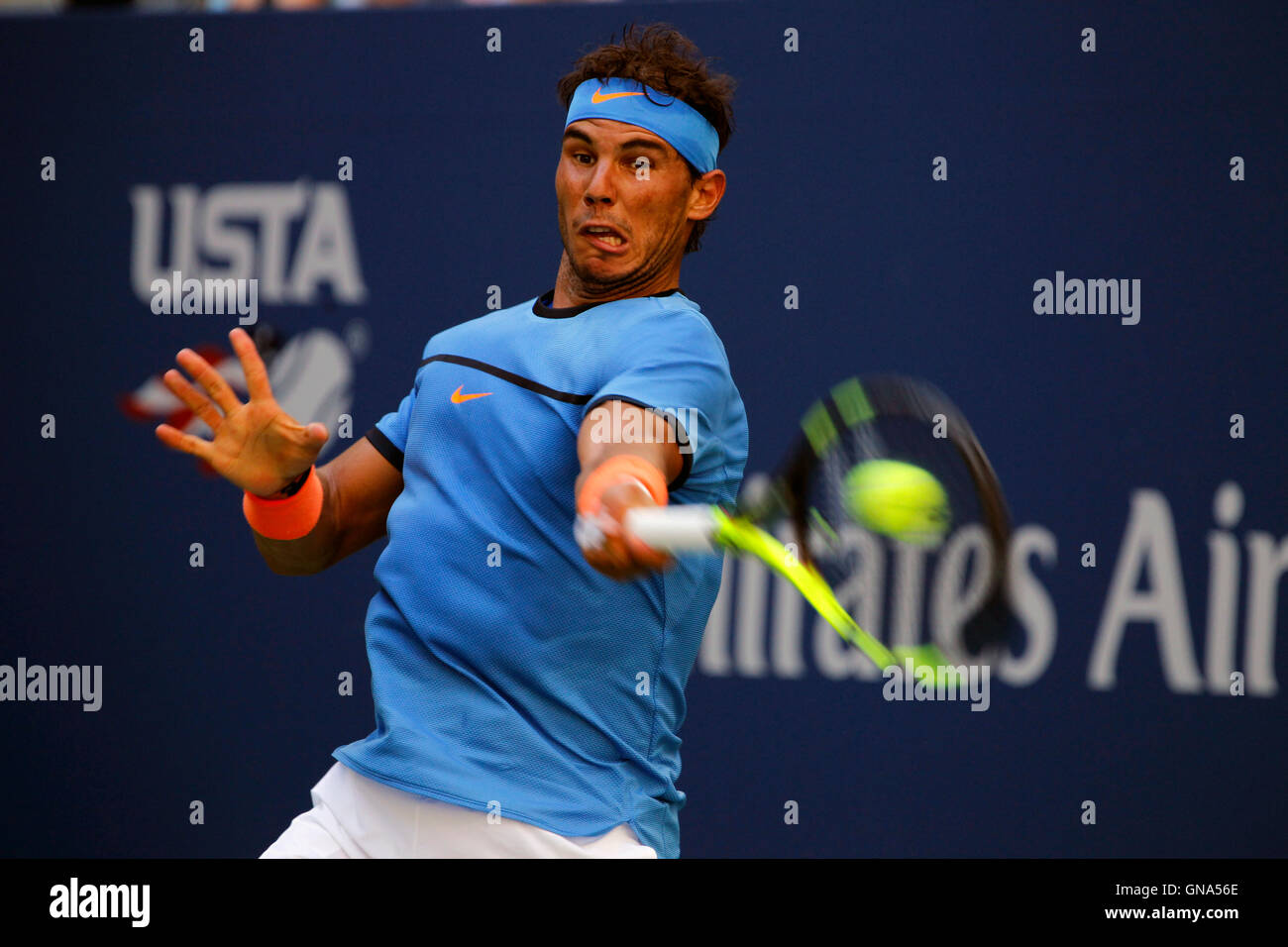 New York, USA. 29th Aug, 2016. Spain's Rafael Nadal in action during his first round match against Denis Istomin of Uzbekistan in the first round of the U.S. Open Tennis Championships at Flushing Meadows, New York on Monday, August 29th. Credit:  Adam Stoltman/Alamy Live News Stock Photo