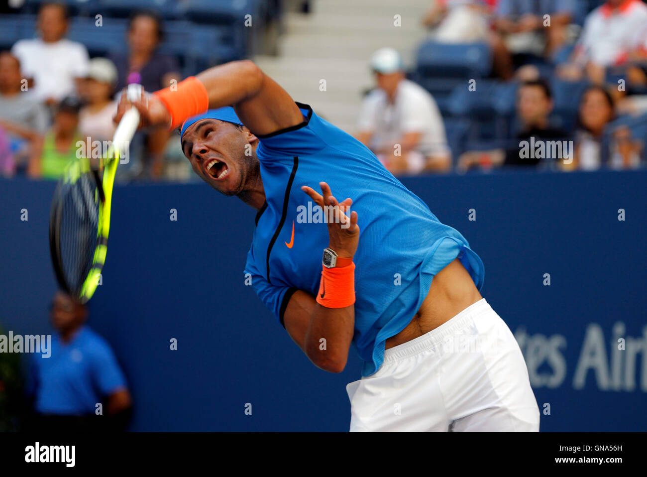 New York, USA. 29th Aug, 2016. Spain's Rafael Nadal in action during his first round match against Denis Istomin of Uzbekistan in the first round of the U.S. Open Tennis Championships at Flushing Meadows, New York on Monday, August 29th. Credit:  Adam Stoltman/Alamy Live News Stock Photo