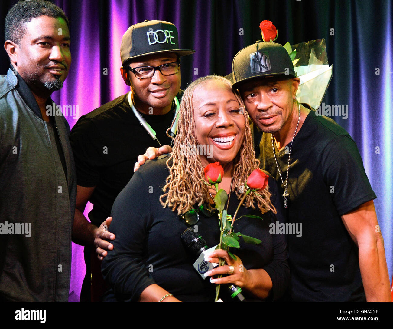 Philadelphia, Pennsylvania, USA. 29th Aug, 2016. R&B group, AFTER 7, KEVON  EDMONDS, JASON EDMONDS, and KEITH MITCHELL, held a listening party with  legendary DJ, PATTY JACKSON, in the WDAS FM performance theater