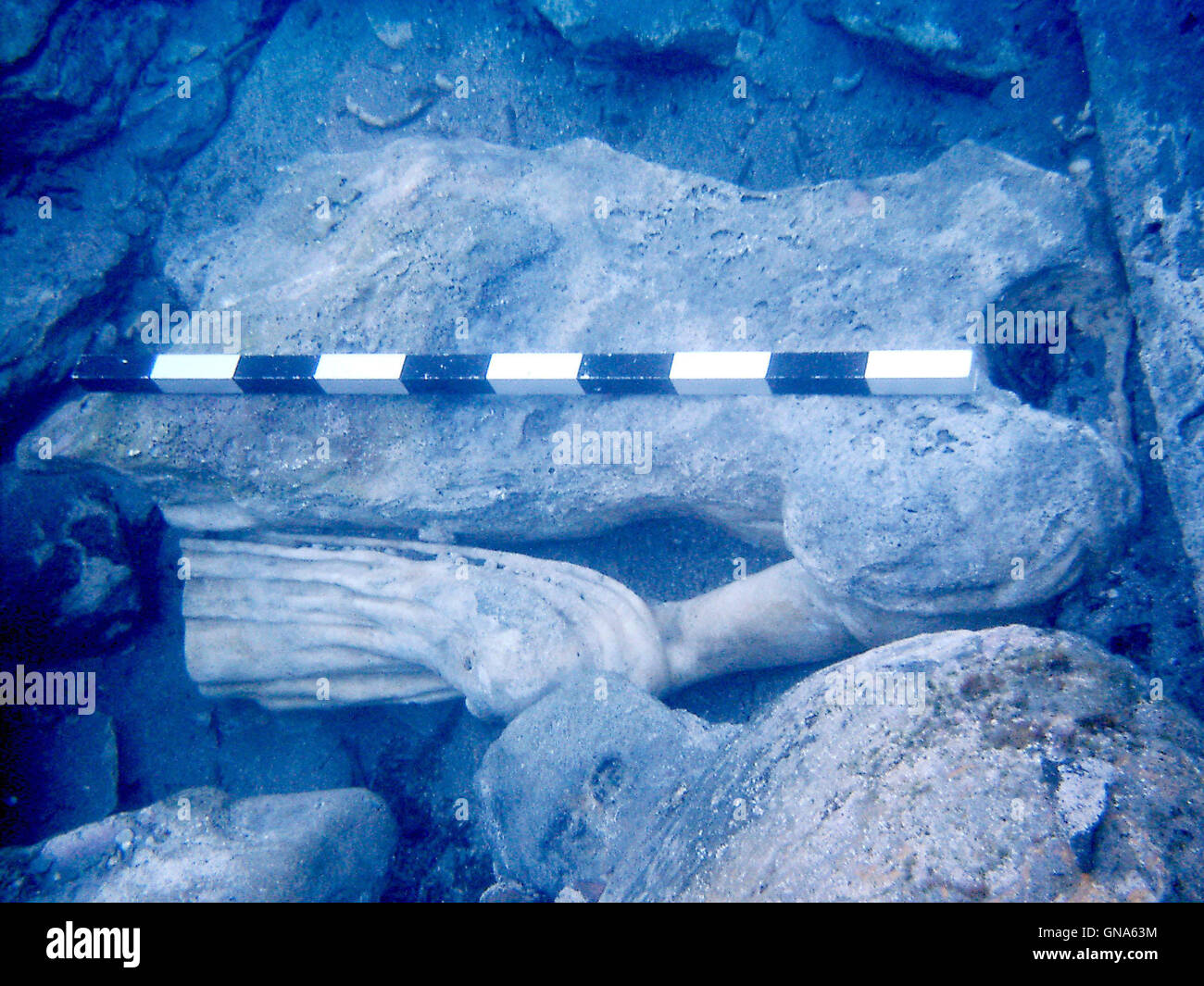 (160829) -- ATHENS, Aug. 29 (Xinhua) -- The undated file photo taken by Greece's Ephorate of Underwater Antiquities (EUA) shows the antiquities discovered at the ancient port of Kythnos island in Greece. Lacking funds partly because of the debt crisis, Greece which is rich in underwater antiquities, is now working closely with archaeological groups from other countries to explore, preserve and display the treasure trove. (Xinhua) To match Feature: Greece strives to preserve underwater antiquities Stock Photo