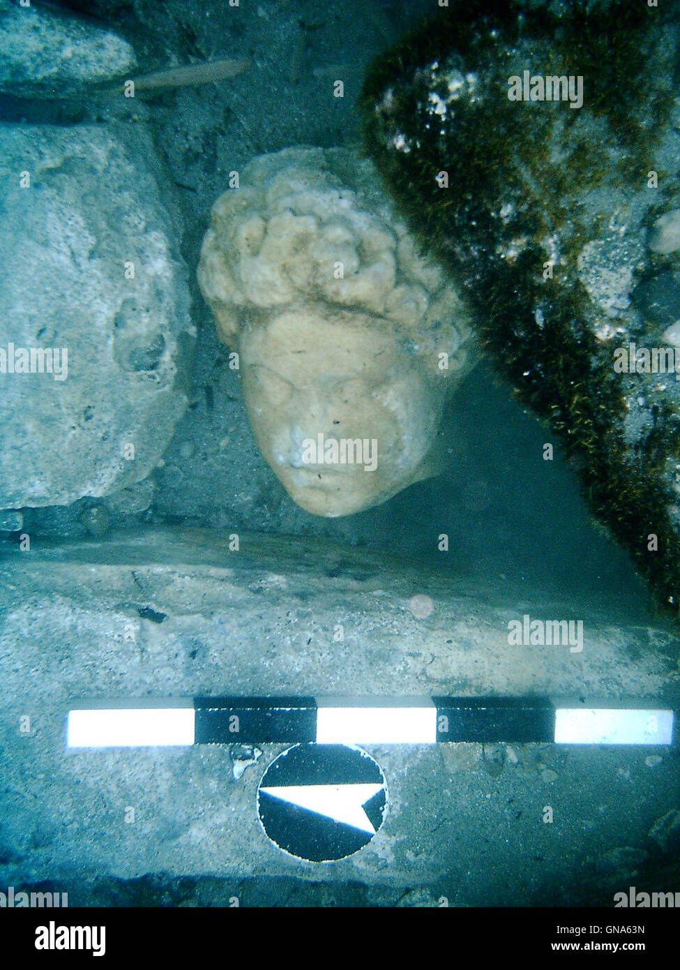 (160829) -- ATHENS, Aug. 29 (Xinhua) -- The undated file photo taken by Greece's Ephorate of Underwater Antiquities (EUA) shows the head of a statue discovered at the ancient port of Kythnos island in Greece. Lacking funds partly because of the debt crisis, Greece which is rich in underwater antiquities, is now working closely with archaeological groups from other countries to explore, preserve and display the treasure trove. (Xinhua) To match Feature: Greece strives to preserve underwater antiquities Stock Photo