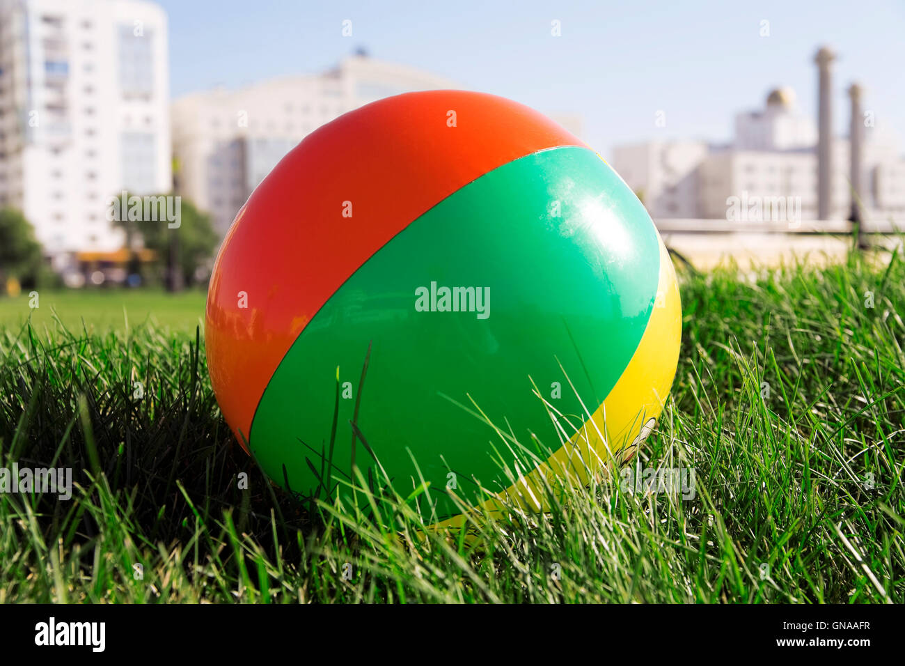 ball for outdoor games lying on grass Stock Photo