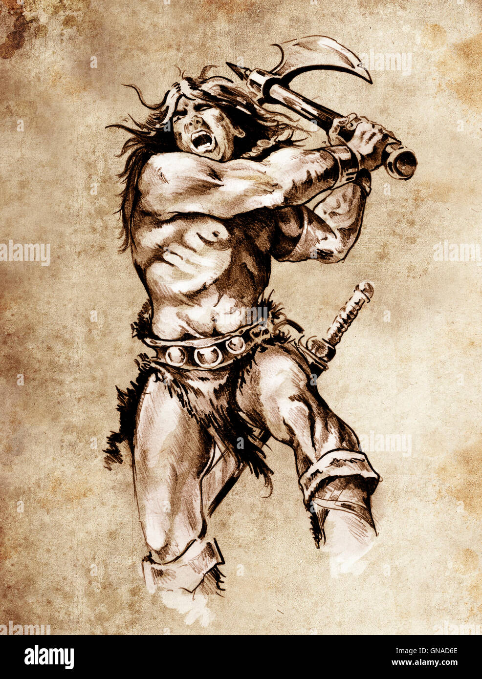 Sketch Of Tattoo Art Warrior Fighting With Big Axe Stock Photo Alamy