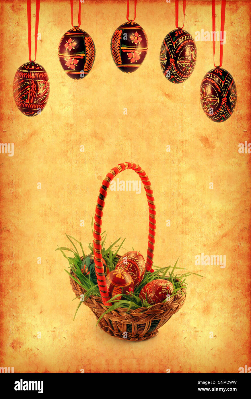 Grunge wallpaper with Easter basket Stock Photo